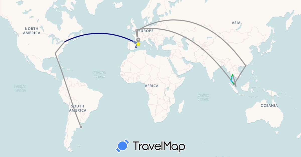 TravelMap itinerary: driving, bus, plane, cycling, train, boat, motorbike in Argentina, Spain, France, United Kingdom, Hong Kong, Malaysia, Singapore, Thailand, United States (Asia, Europe, North America, South America)